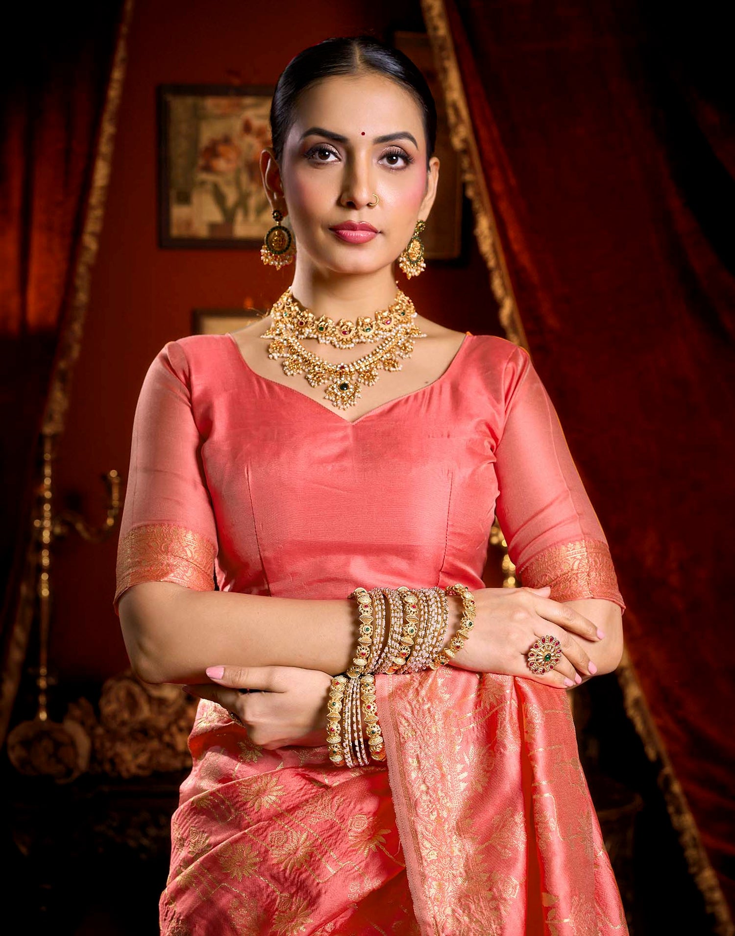 Coral Pink Silk Woven Banarasi Saree