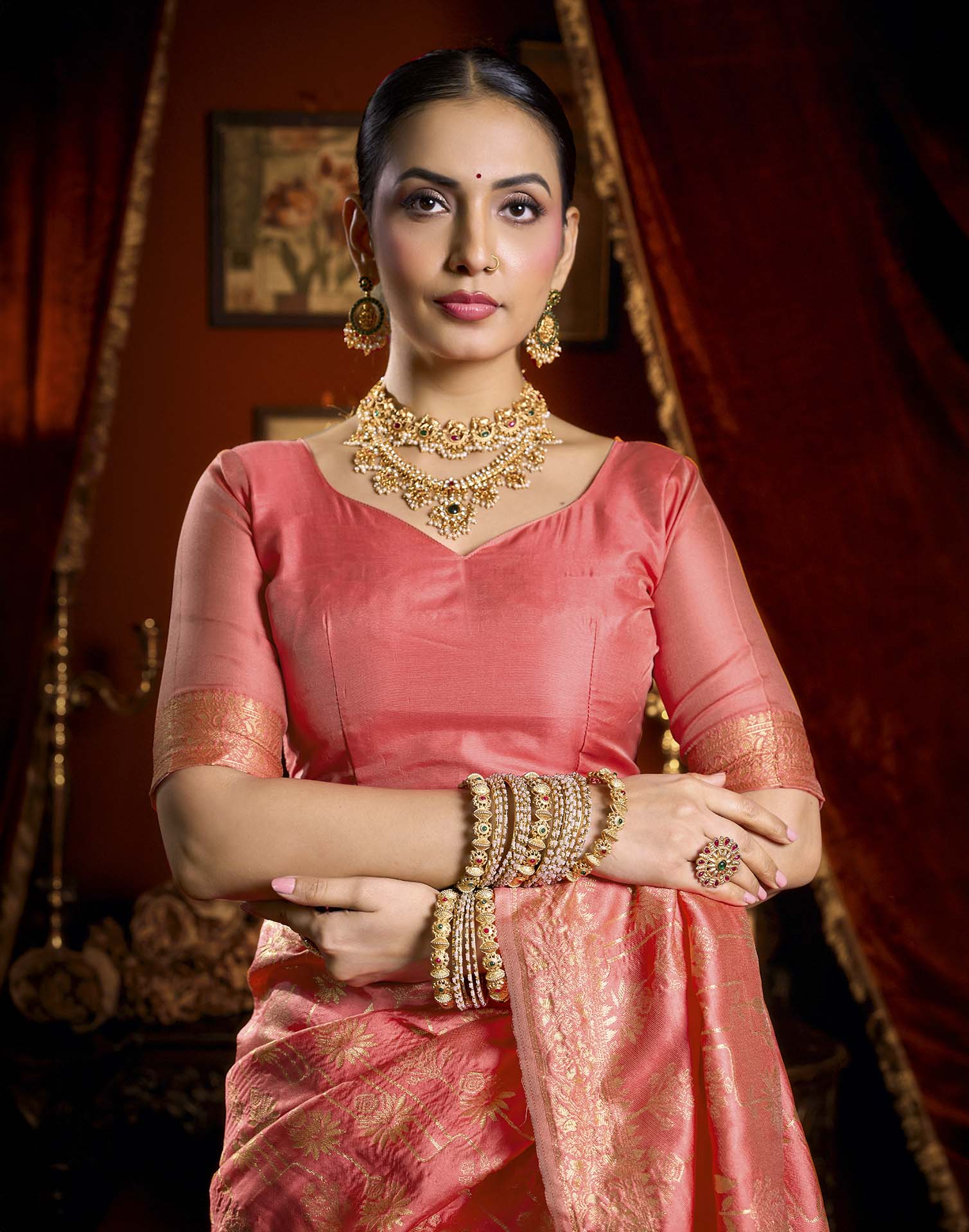 Coral Pink Silk Woven Banarasi Saree