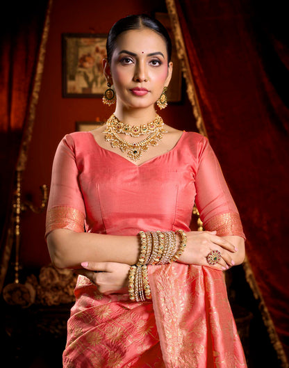 Coral Pink Silk Woven Banarasi Saree