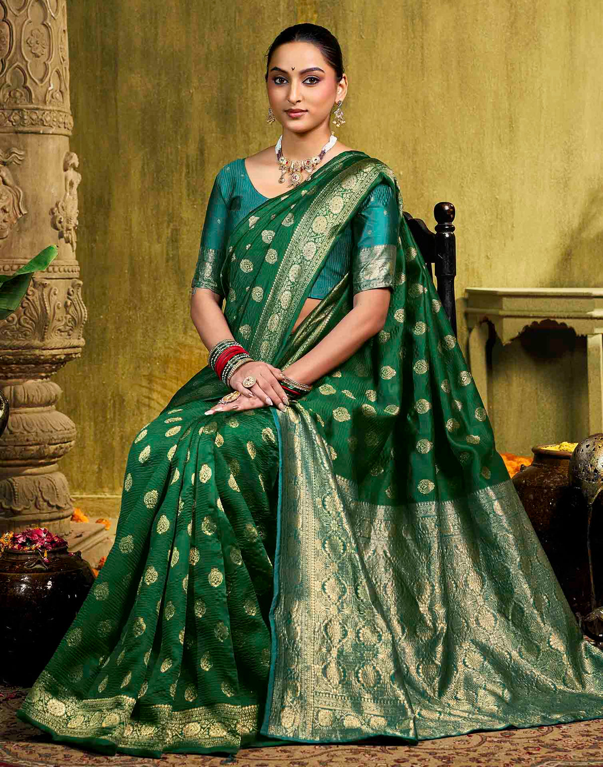 Dark Green Silk Woven Banarasi Saree