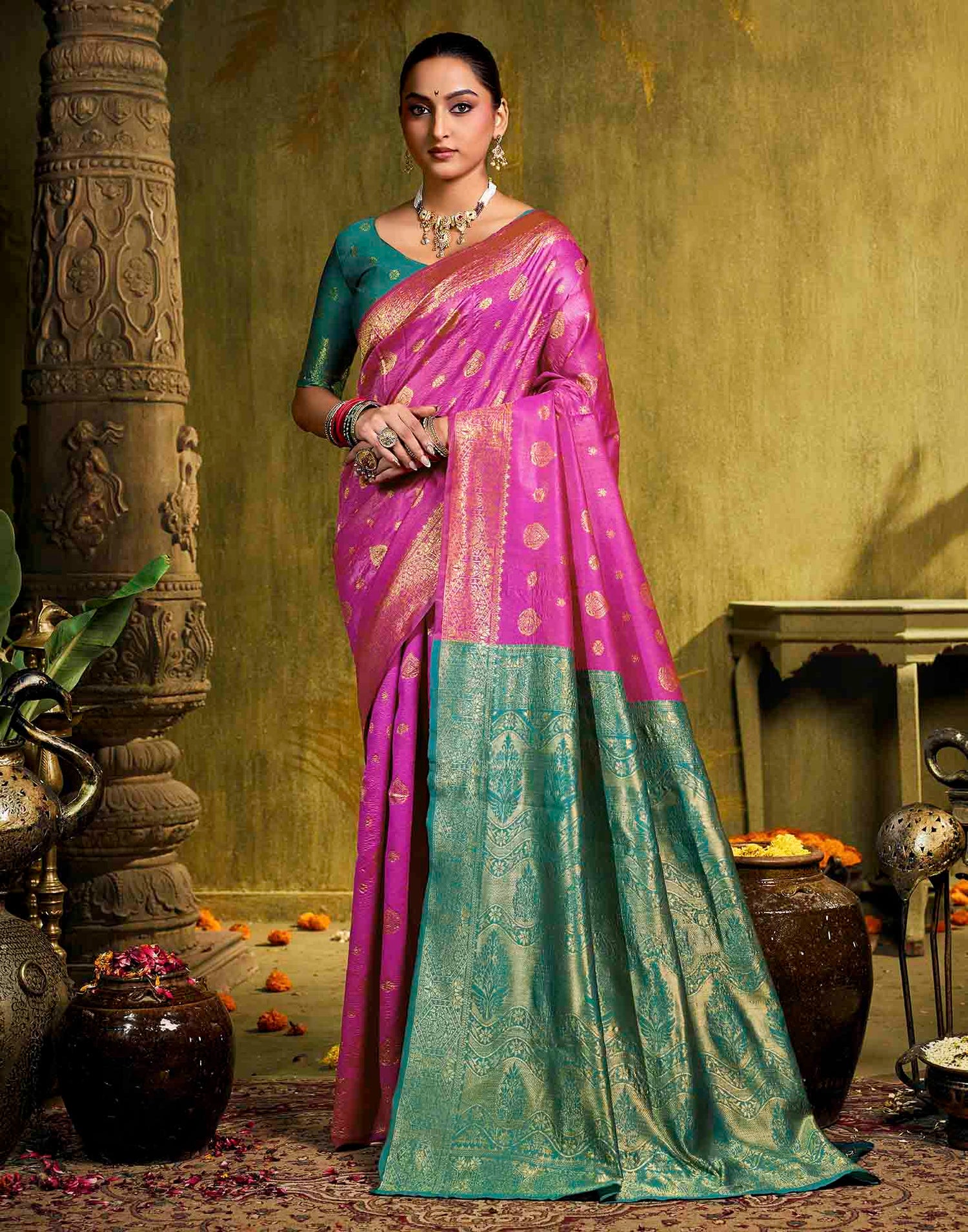 Pink Silk Woven Banarasi Saree