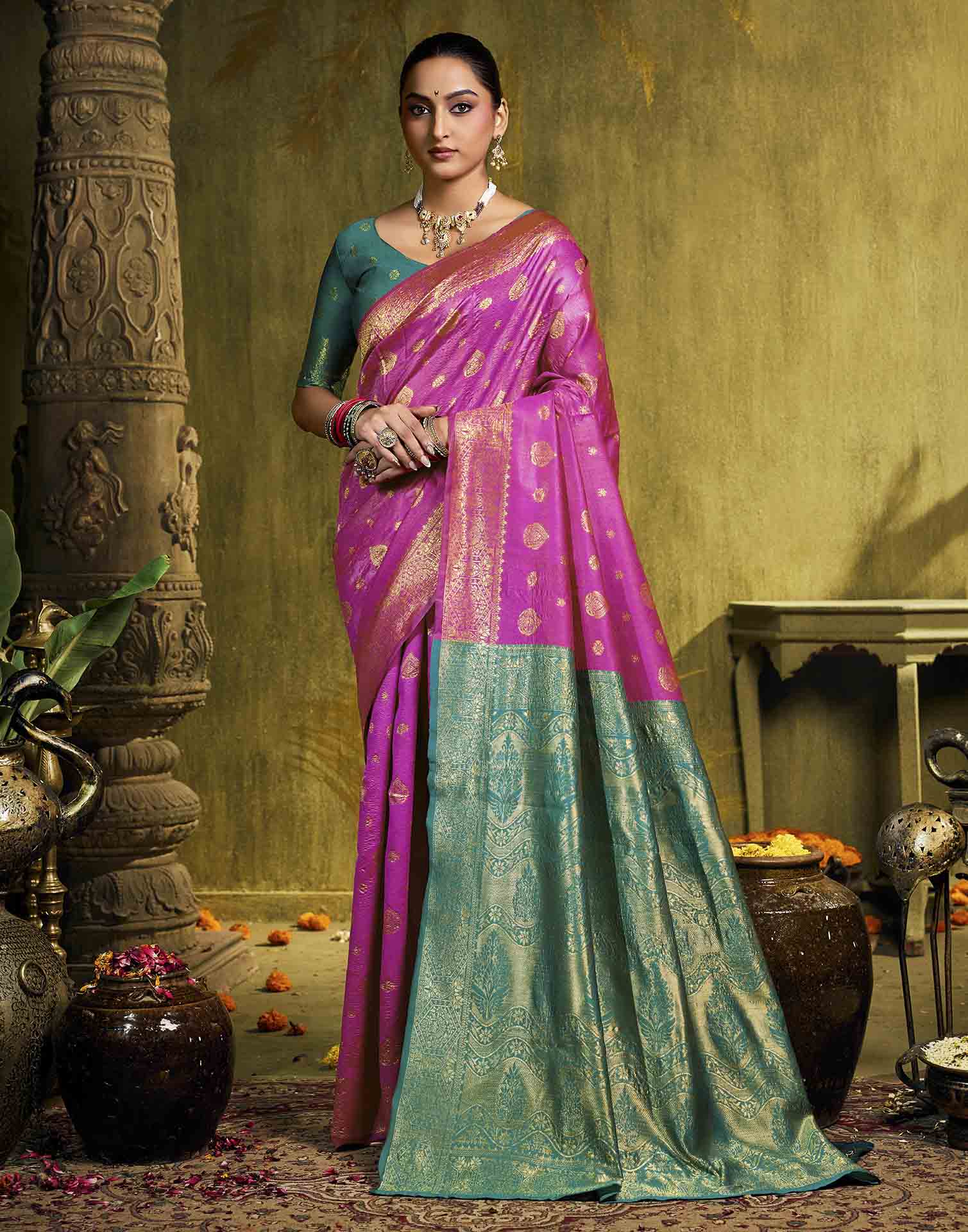 Pink Silk Woven Banarasi Saree