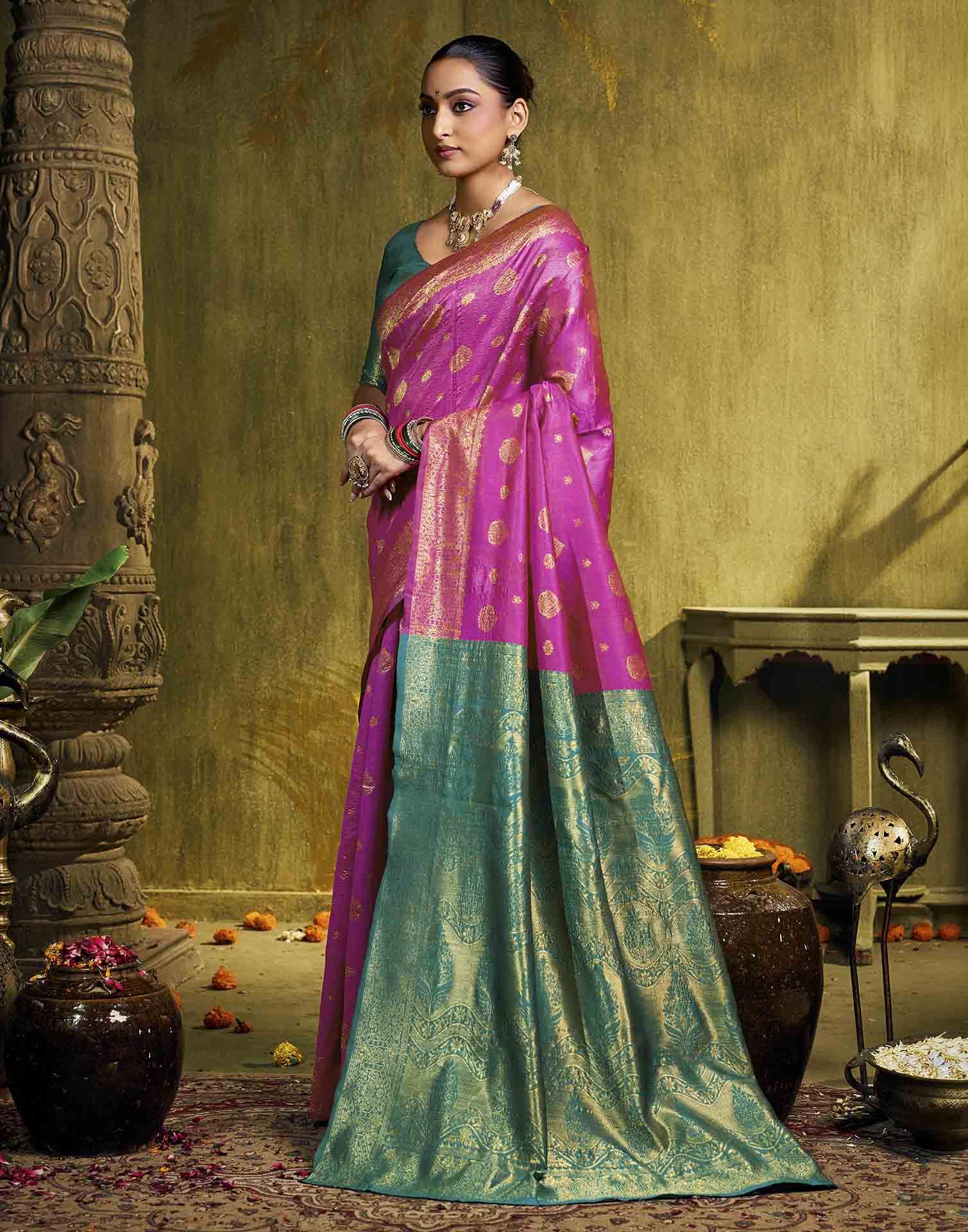 Pink Silk Woven Banarasi Saree