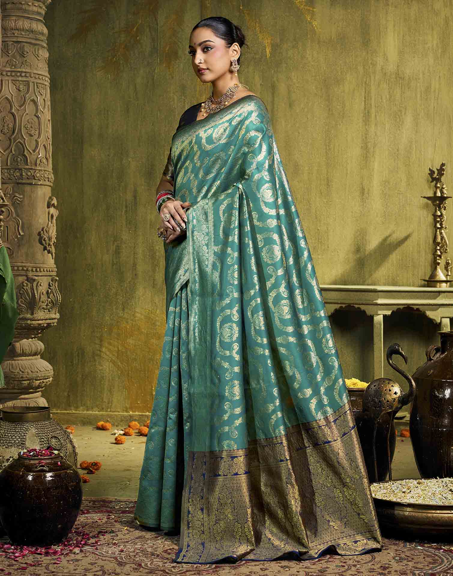 Sku Blue Silk Woven Banarasi Saree