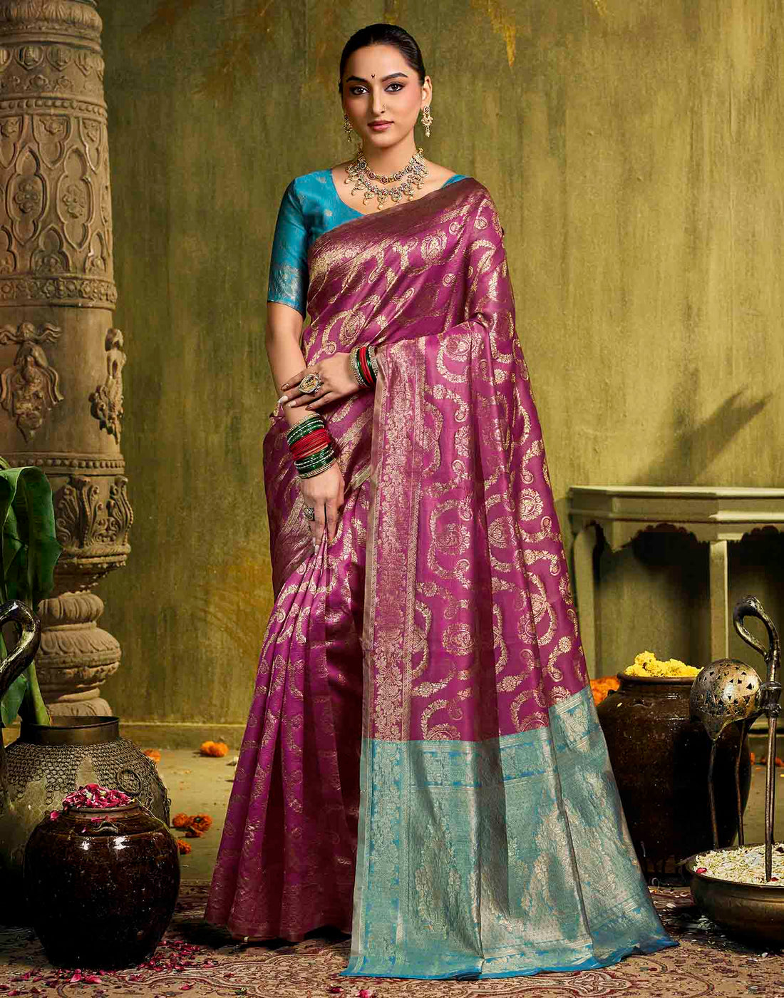 Pink Silk Woven Banarasi Saree
