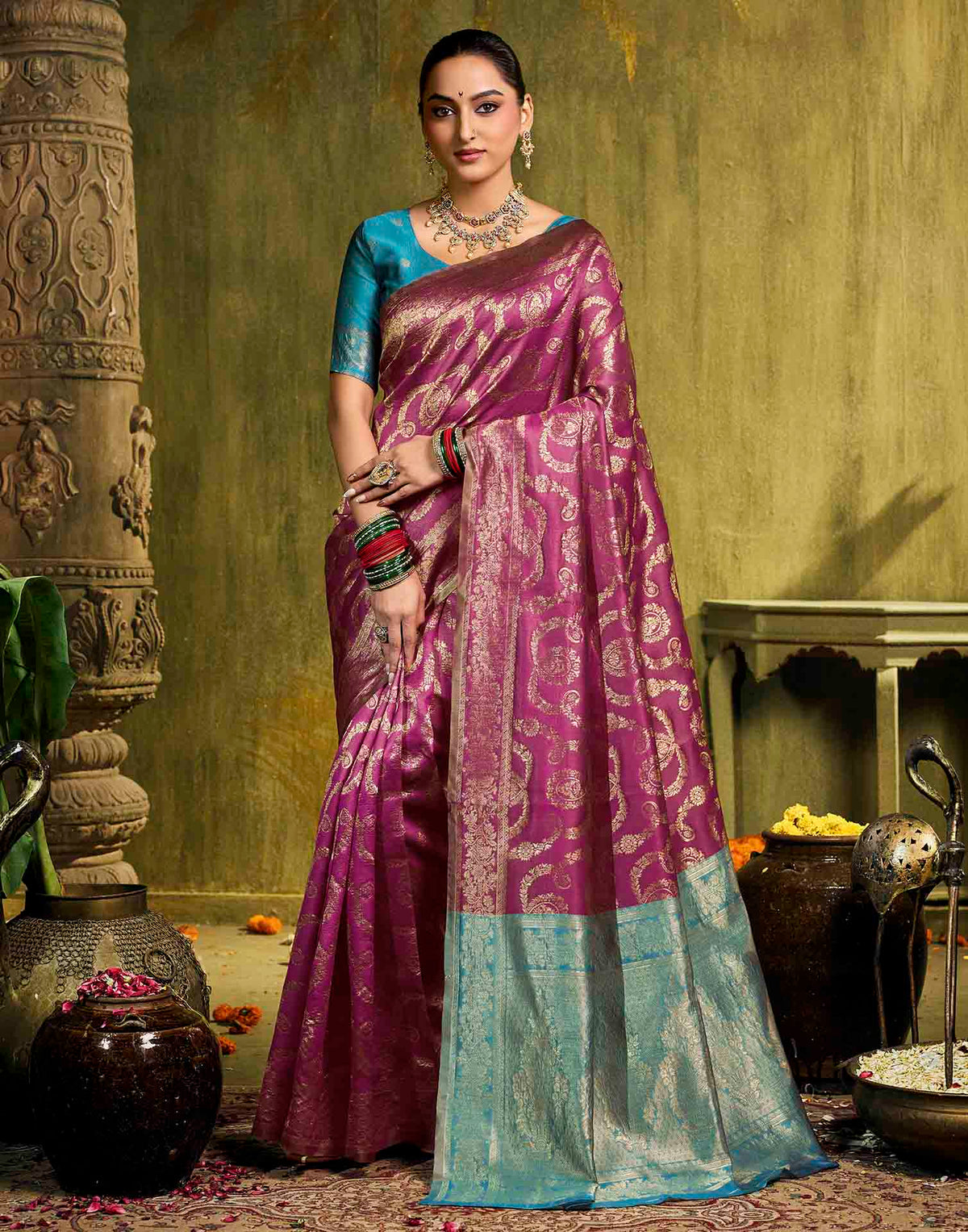 Pink Silk Woven Banarasi Saree