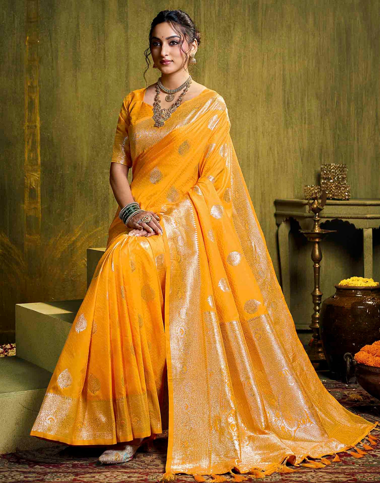 Yellow Silk Woven Banarasi Saree