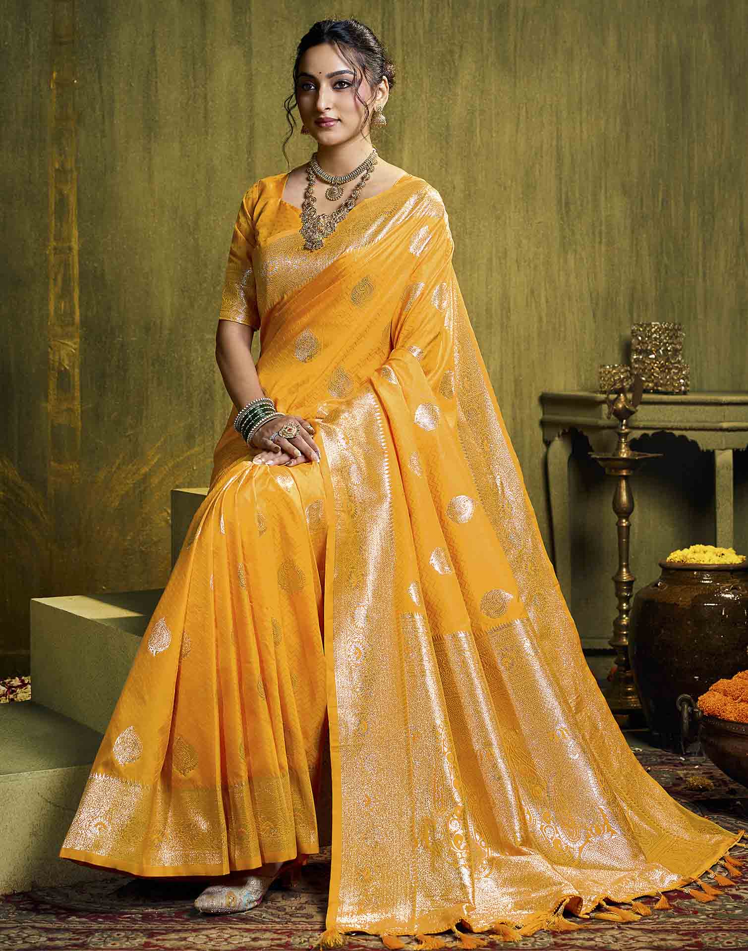 Yellow Silk Woven Banarasi Saree