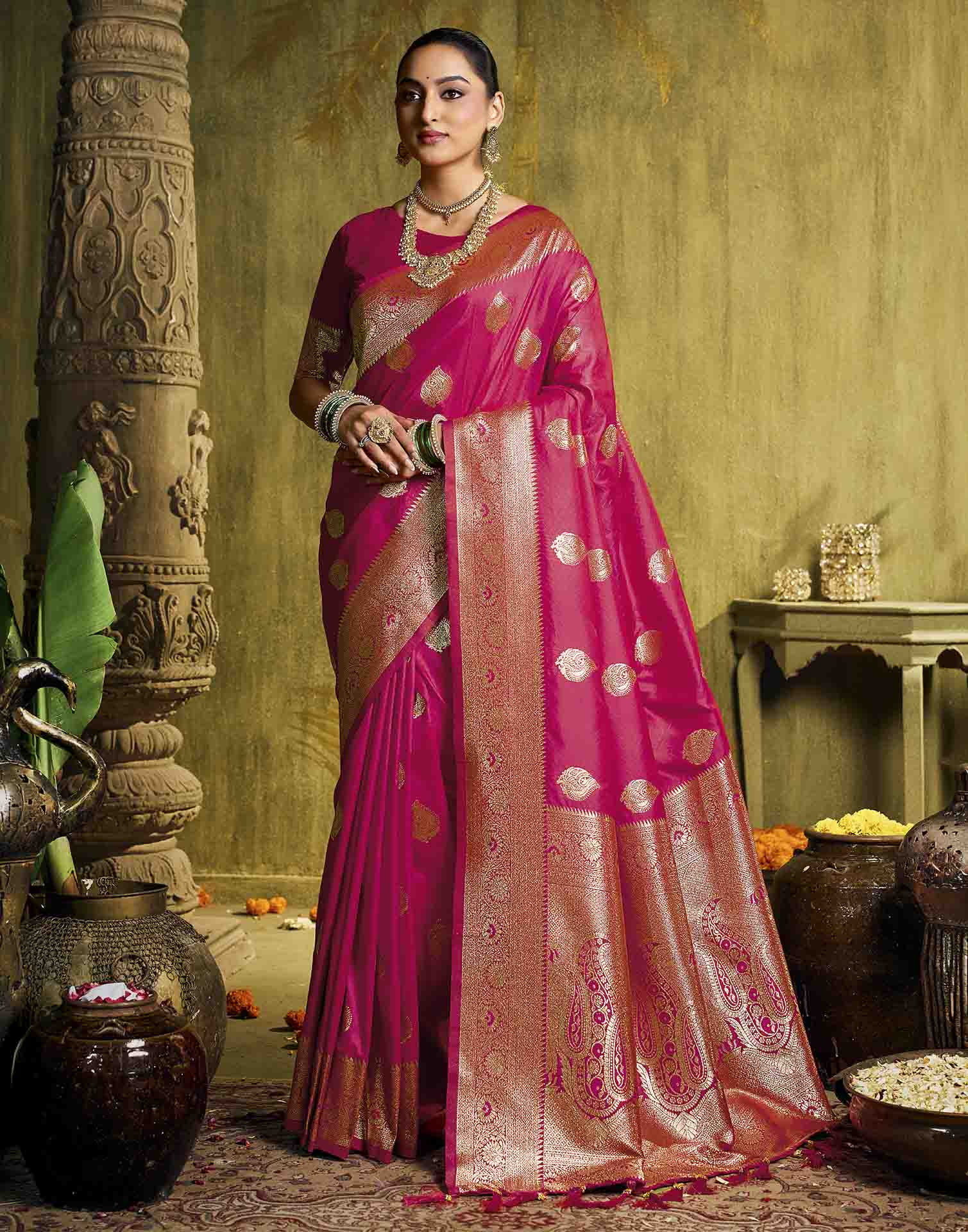 Pink Silk Woven Banarasi Saree