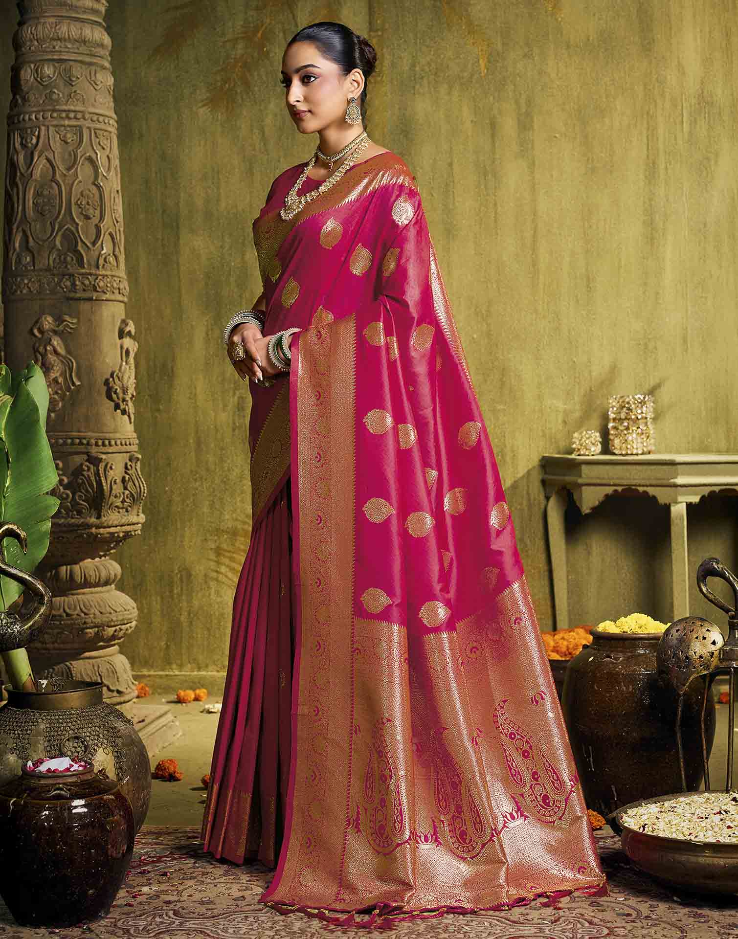 Pink Silk Woven Banarasi Saree