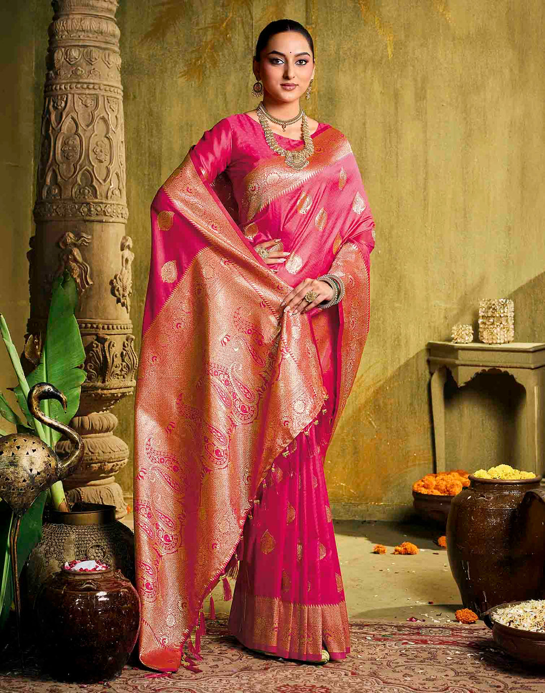 Pink Silk Woven Banarasi Saree