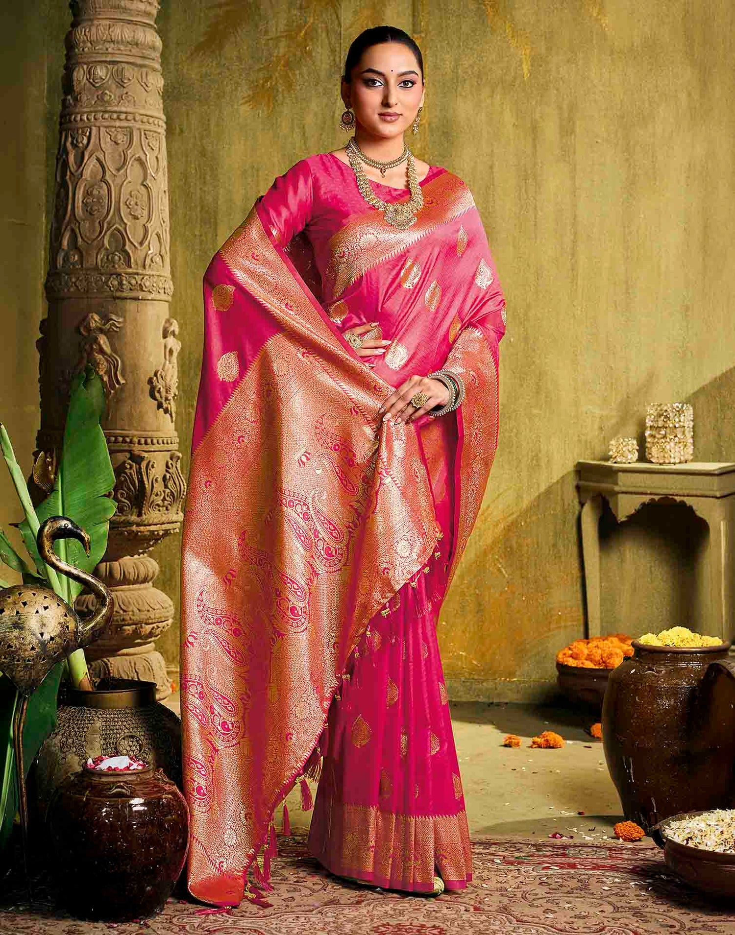 Pink Silk Woven Banarasi Saree
