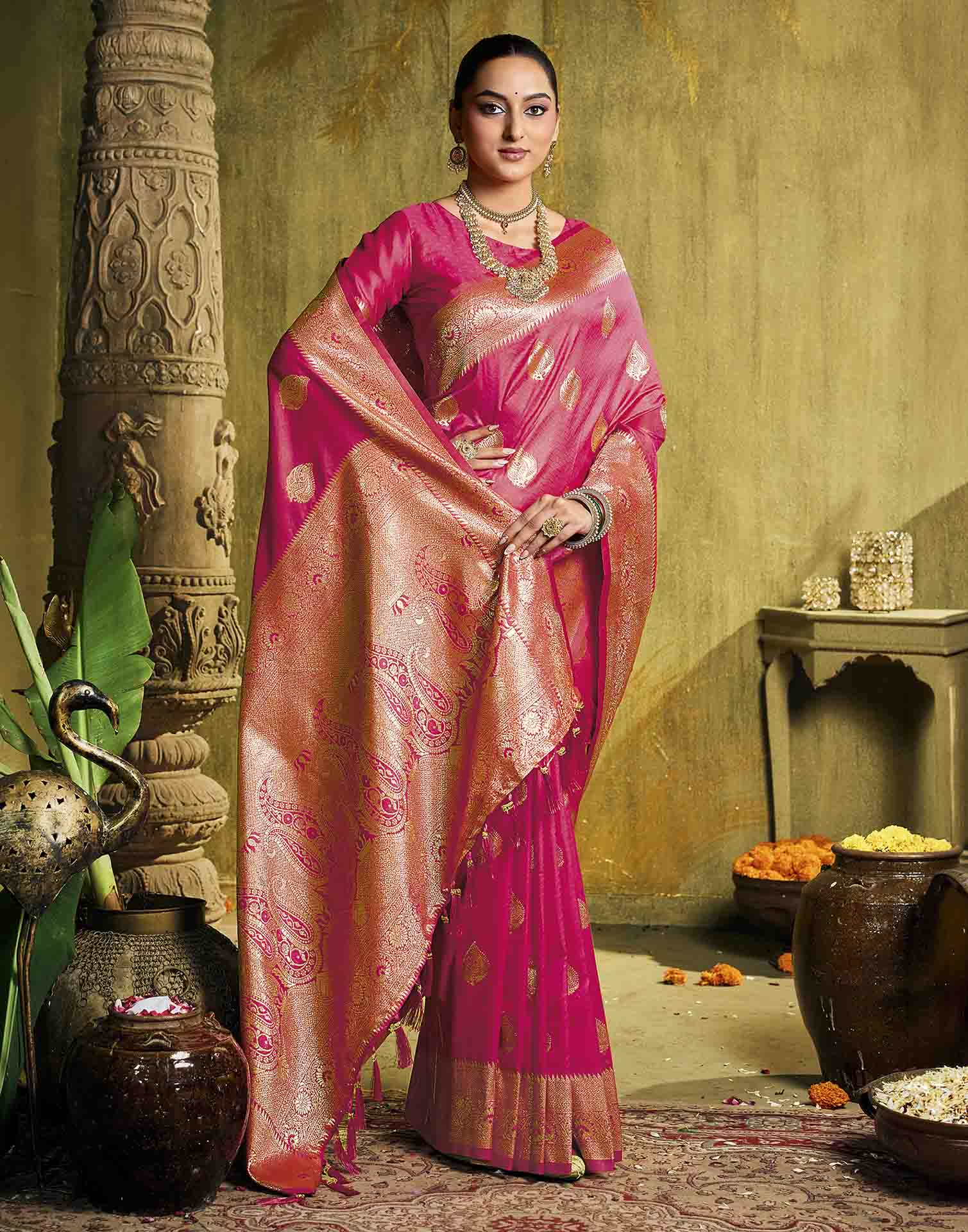 Pink Silk Woven Banarasi Saree