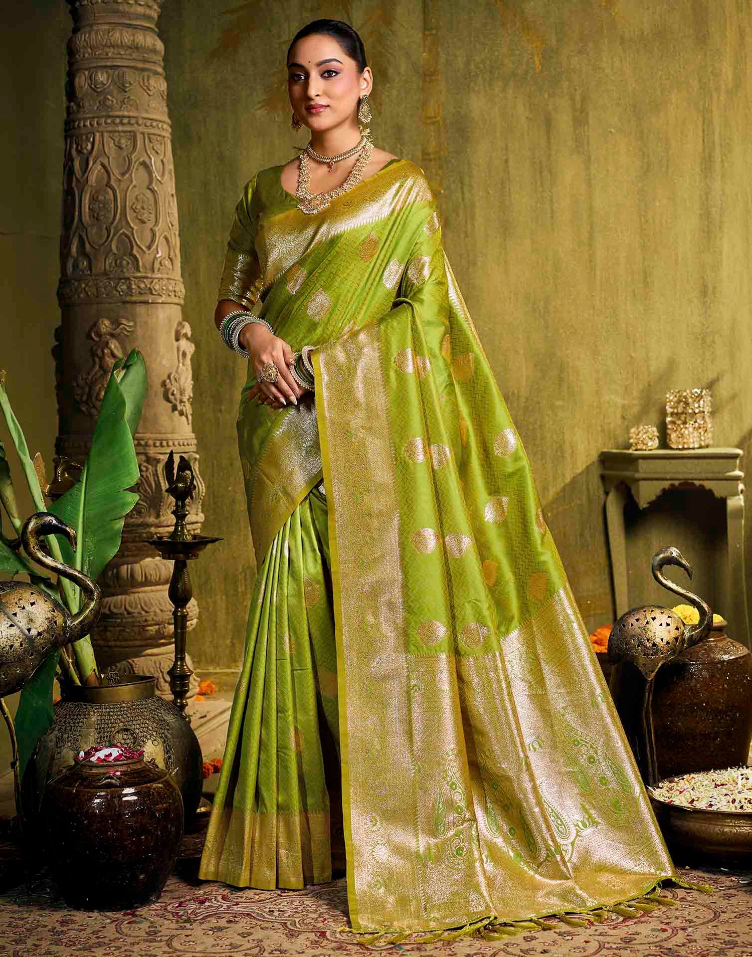 Parrot Green Silk Woven Banarasi Saree