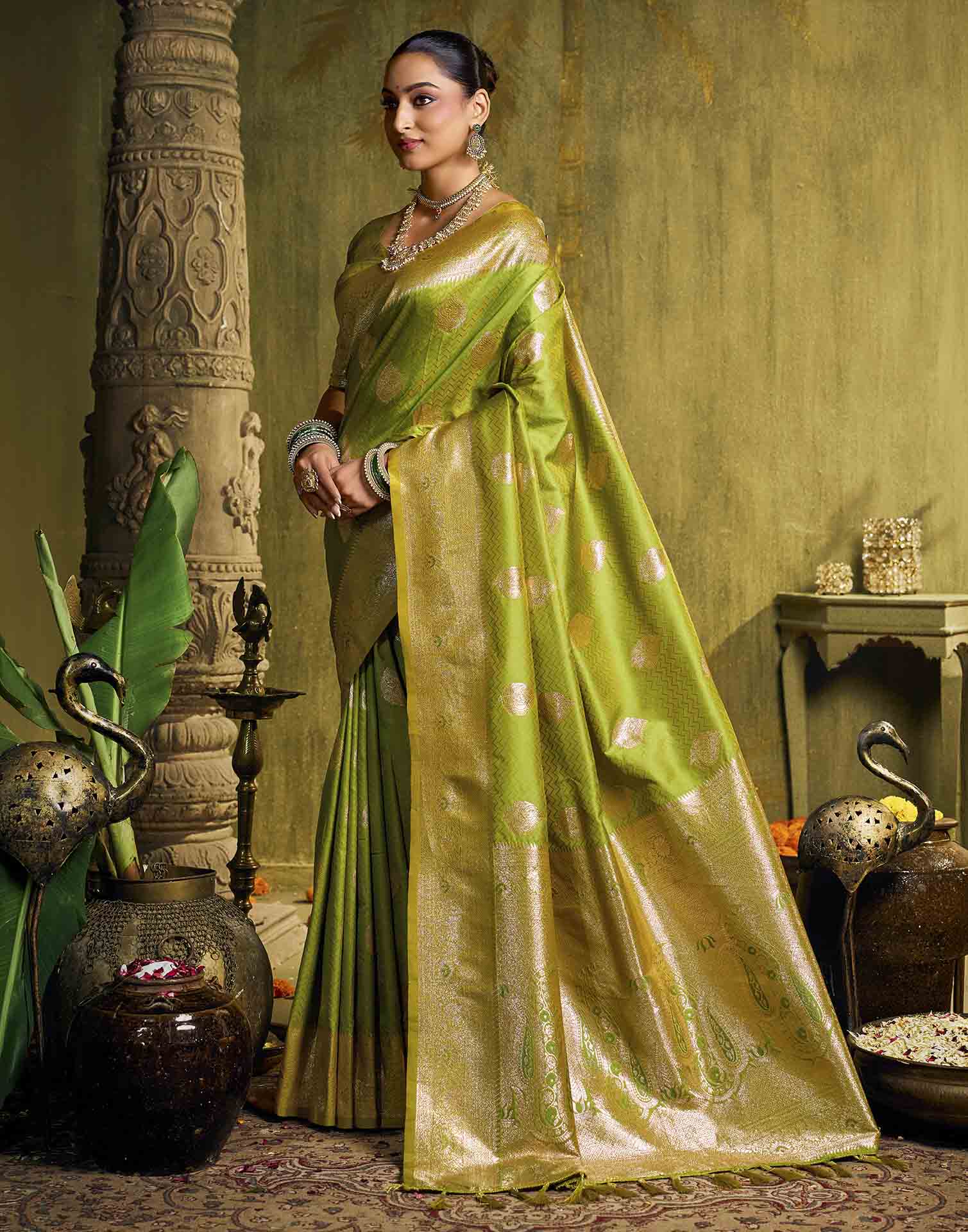 Parrot Green Silk Woven Banarasi Saree