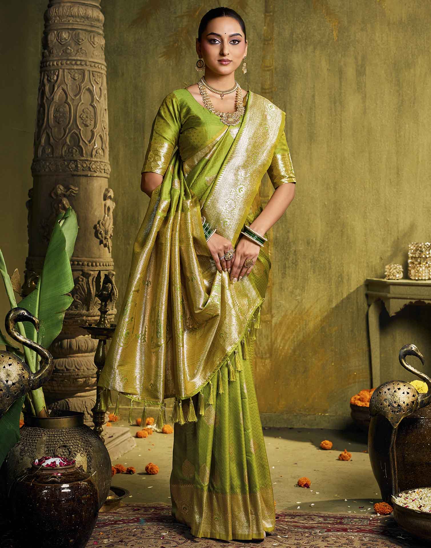 Parrot Green Silk Woven Banarasi Saree