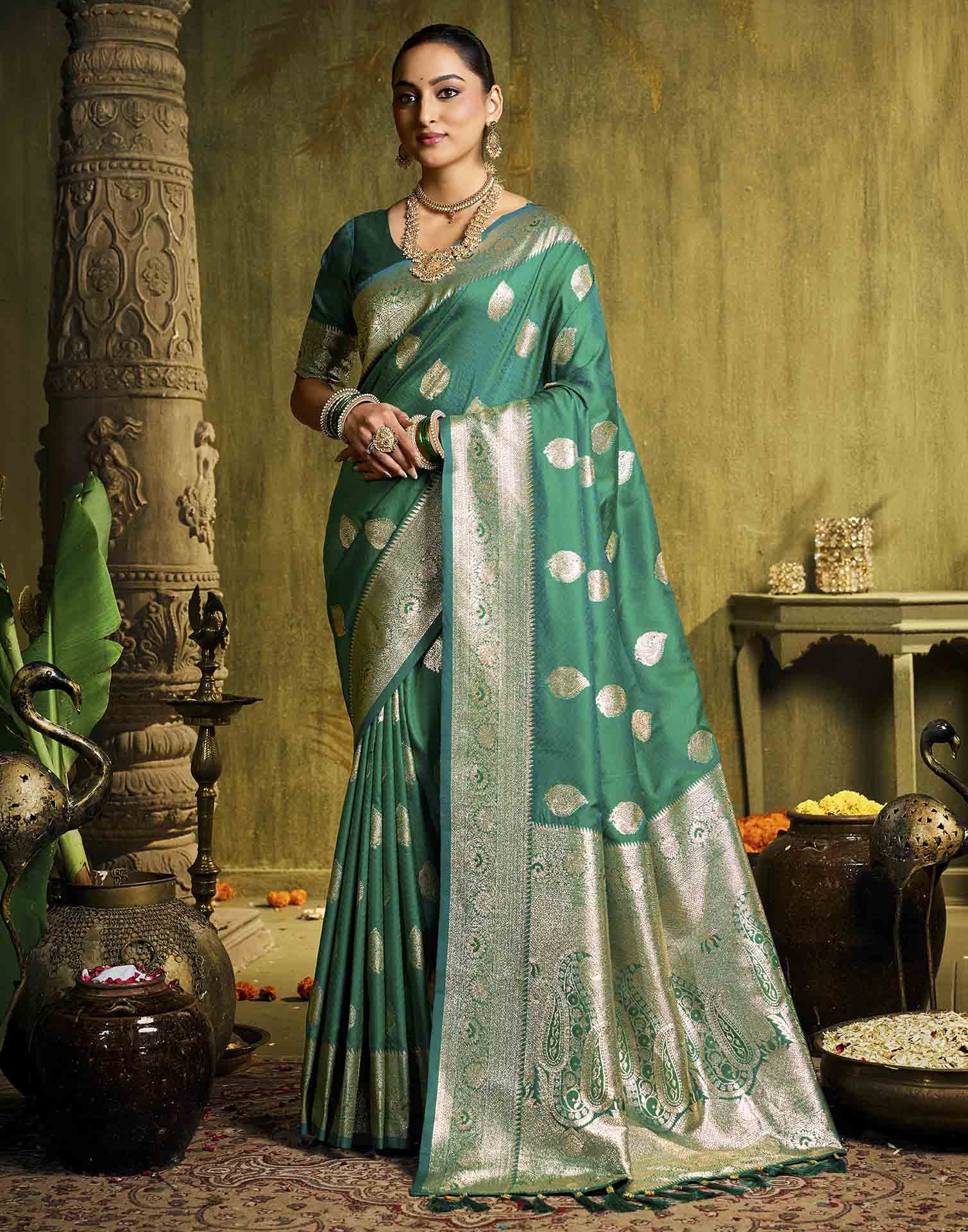 Turqouise Silk Woven Banarasi Saree