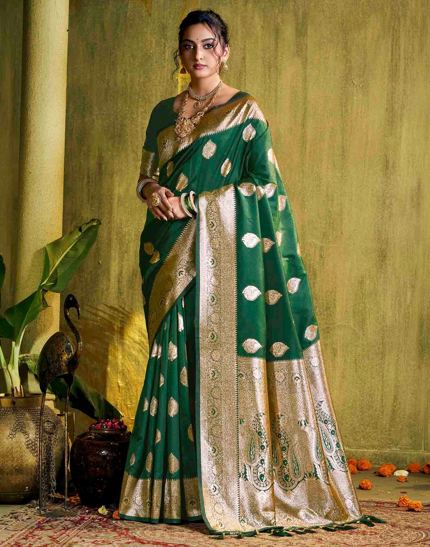 Dark Green Silk Woven Banarasi Saree