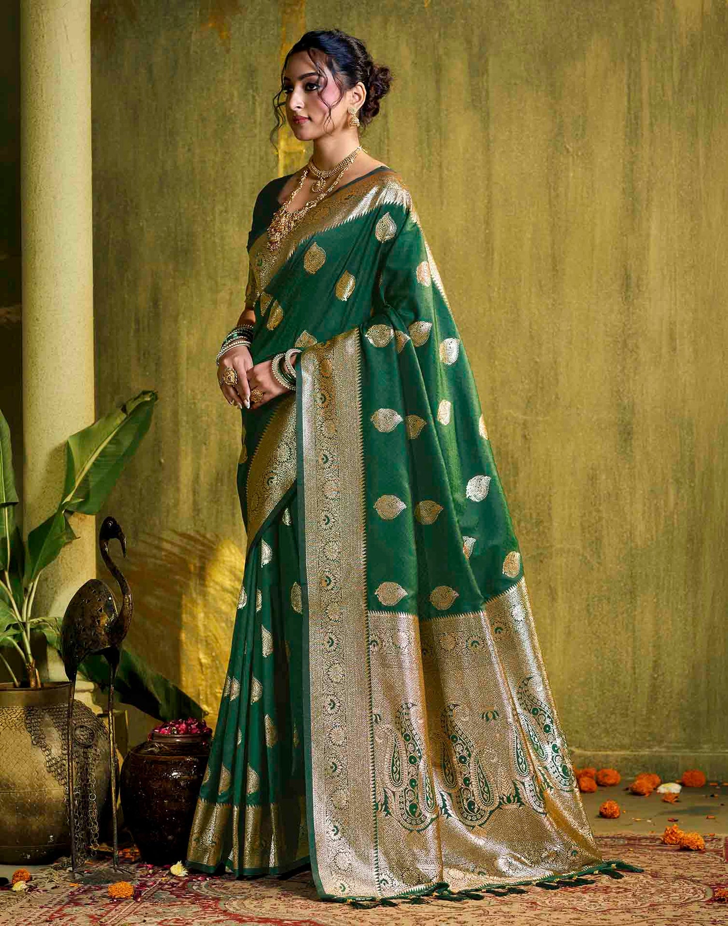 Dark Green Silk Woven Banarasi Saree
