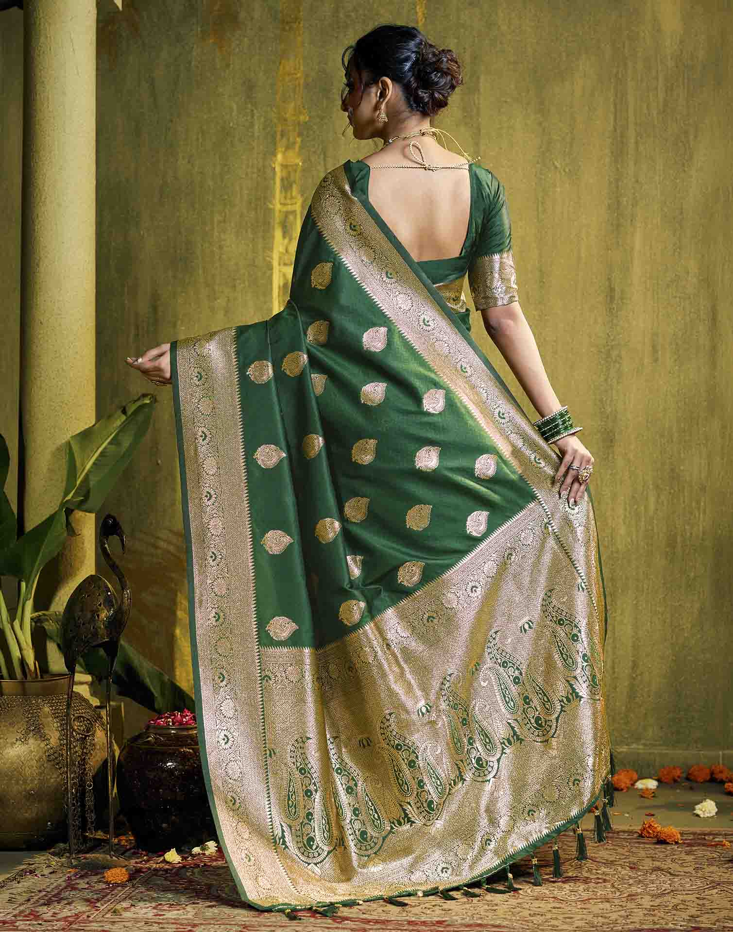 Dark Green Silk Woven Banarasi Saree