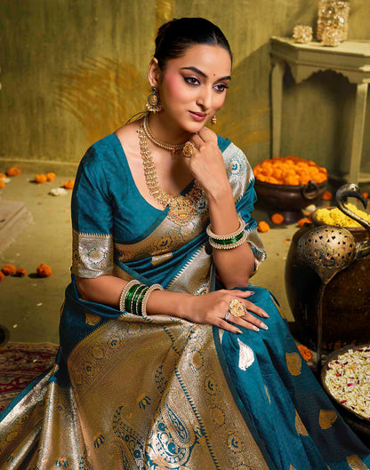 Dark Blue Silk Woven Banarasi Saree