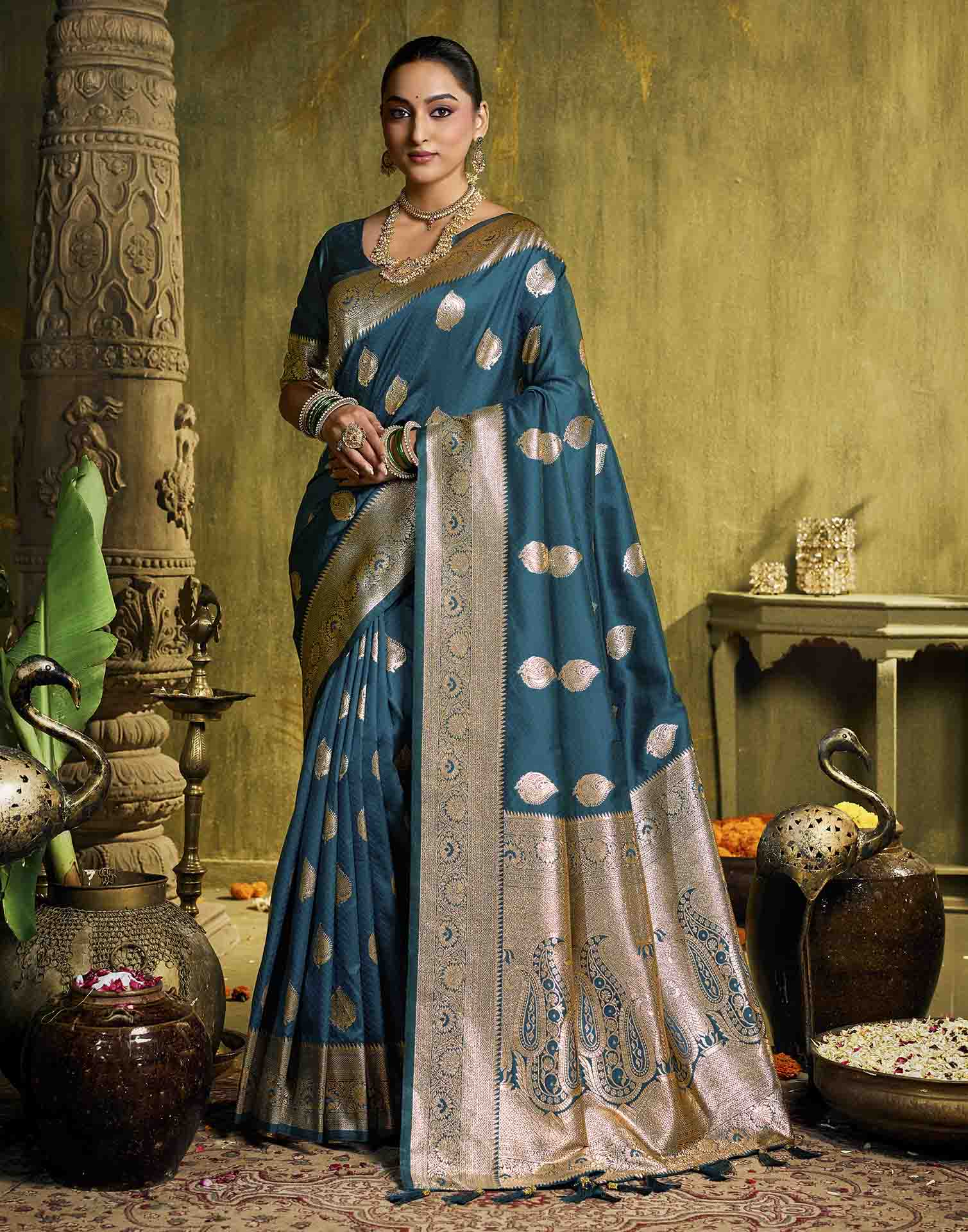 Dark Blue Silk Woven Banarasi Saree
