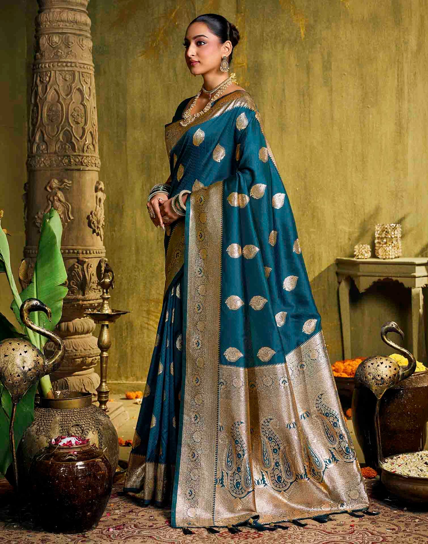 Dark Blue Silk Woven Banarasi Saree