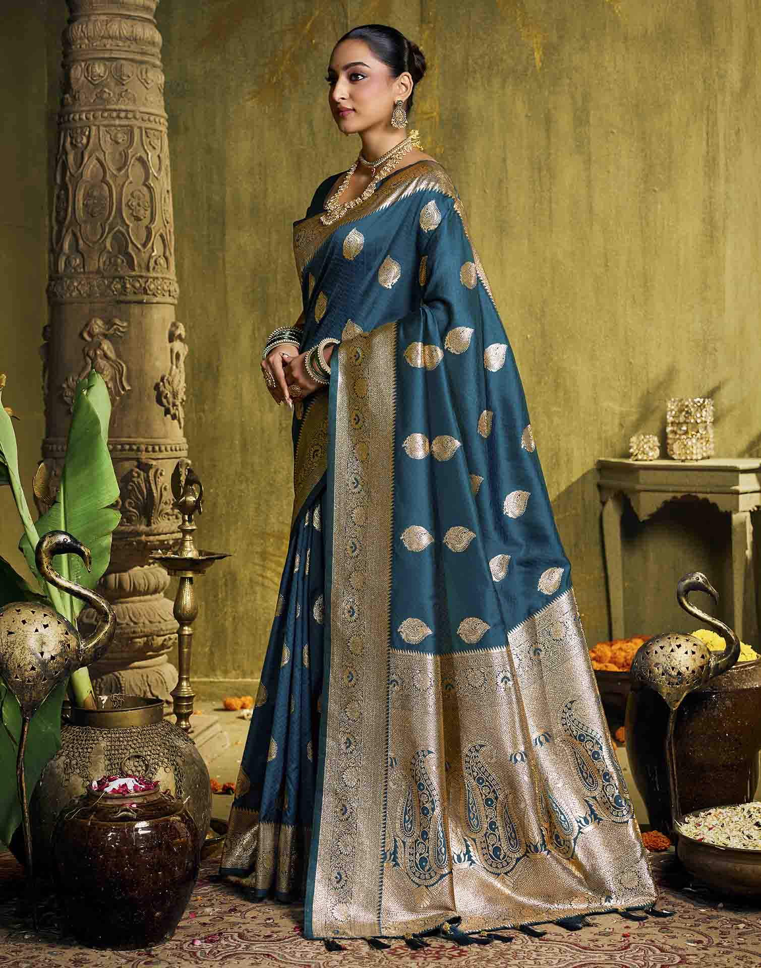 Dark Blue Silk Woven Banarasi Saree