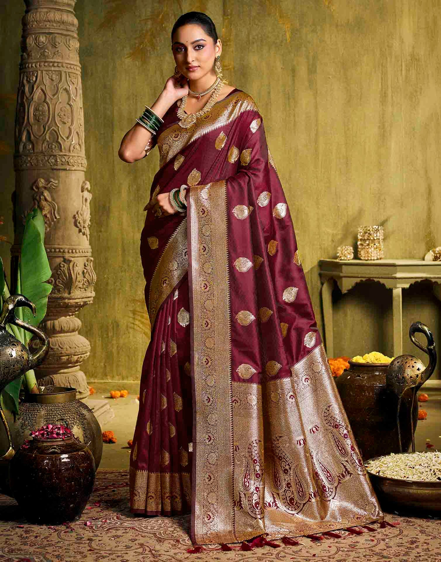 Maroon Silk Woven Banarasi Saree