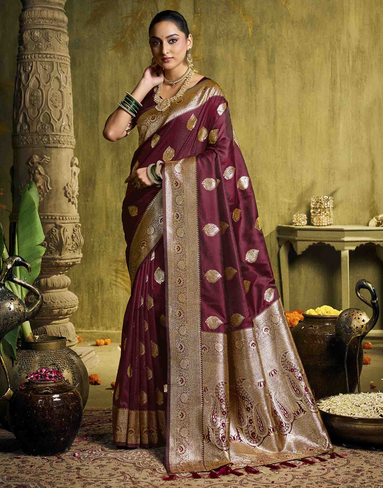 Maroon Silk Woven Banarasi Saree
