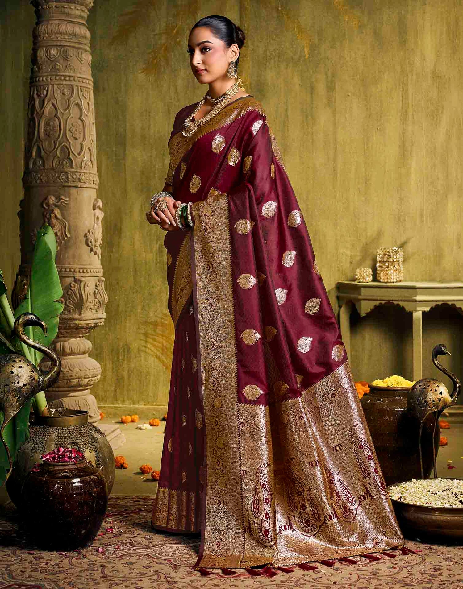 Maroon Silk Woven Banarasi Saree