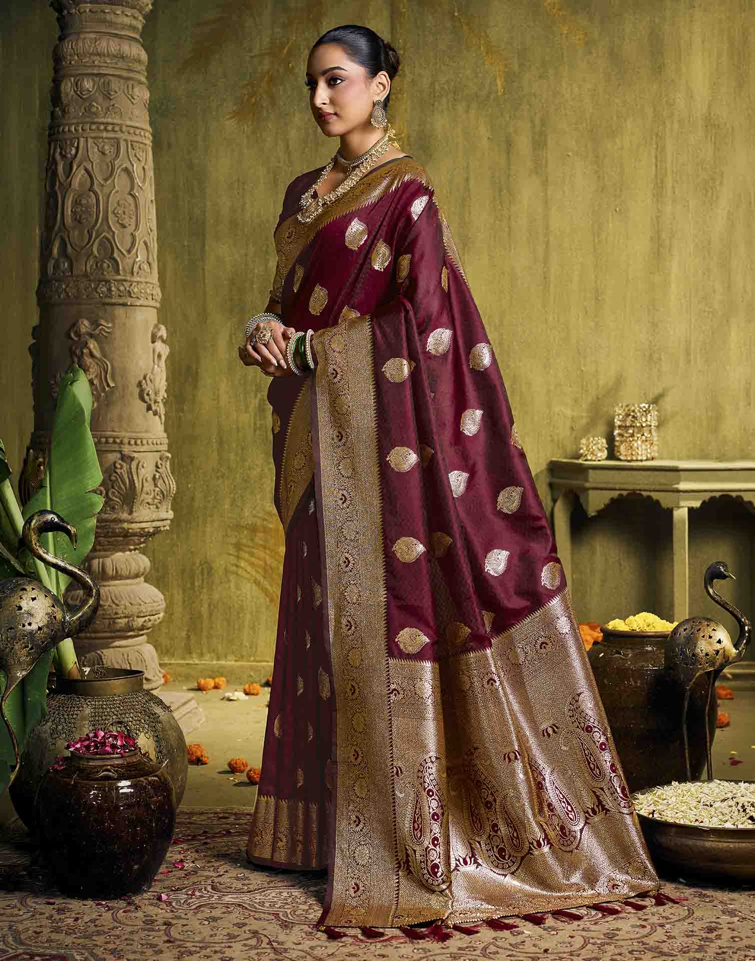 Maroon Silk Woven Banarasi Saree