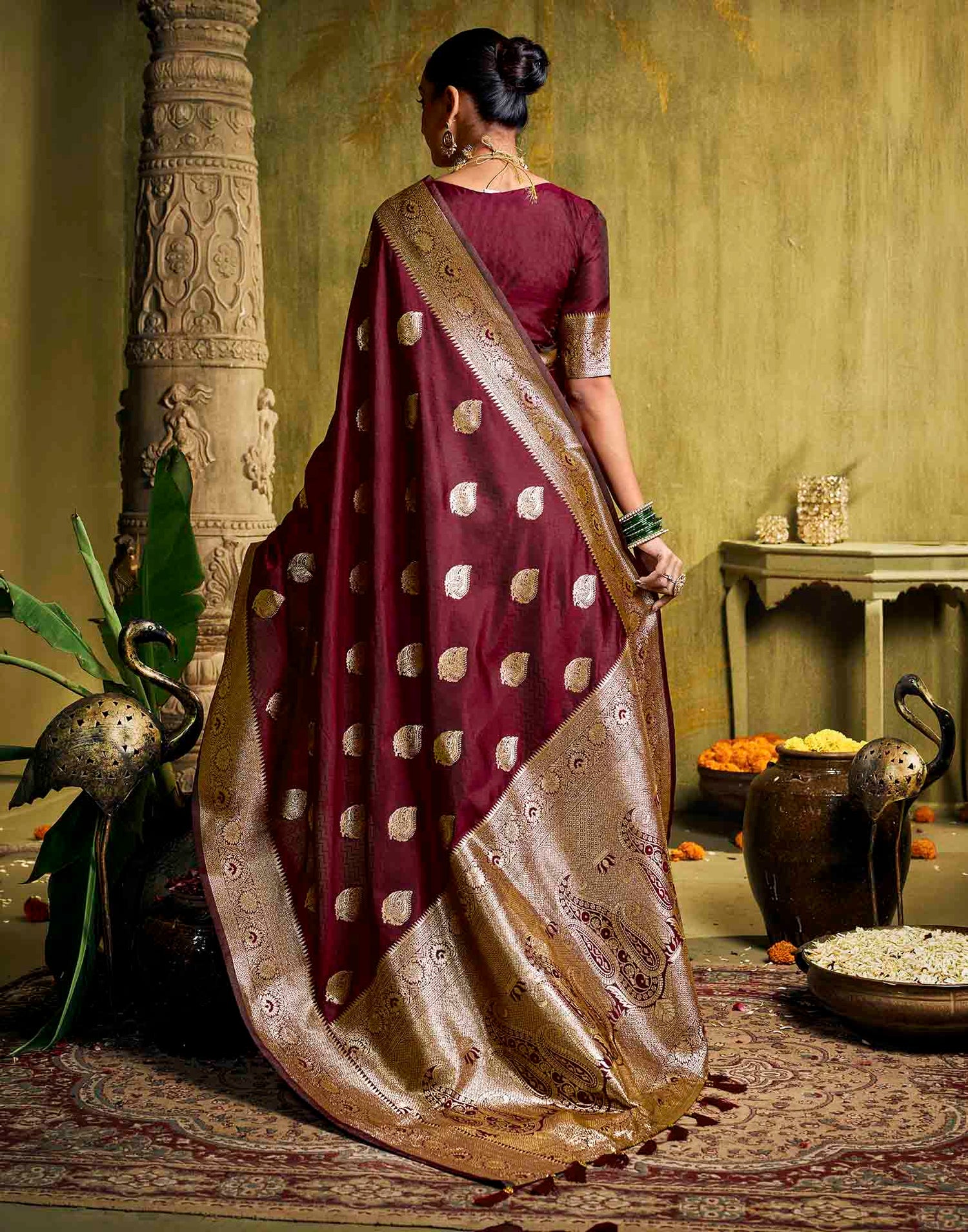 Maroon Silk Woven Banarasi Saree