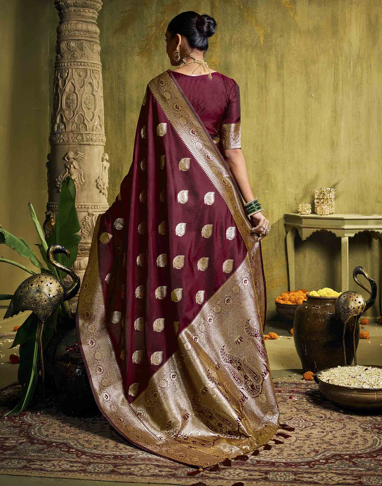 Maroon Silk Woven Banarasi Saree
