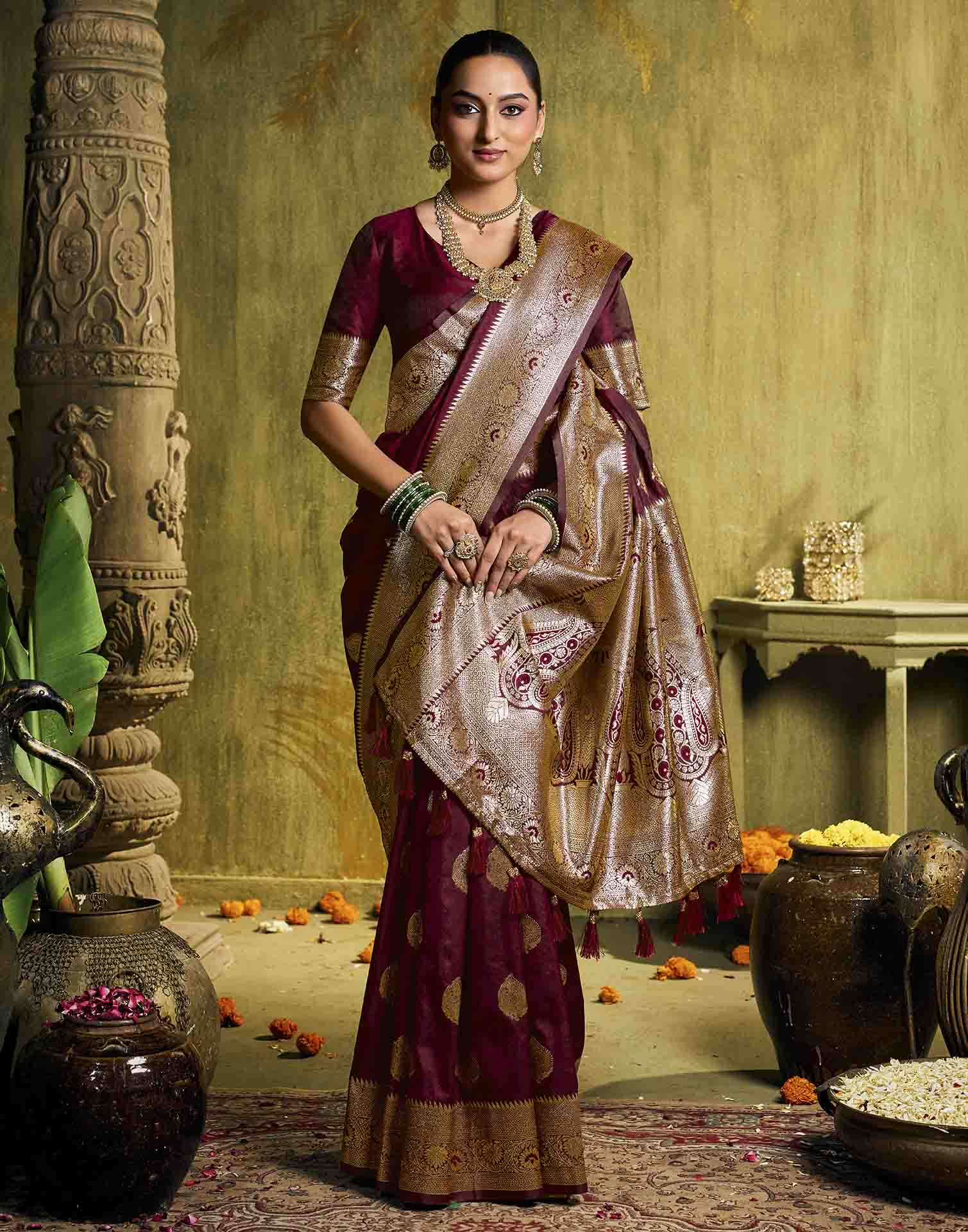 Maroon Silk Woven Banarasi Saree