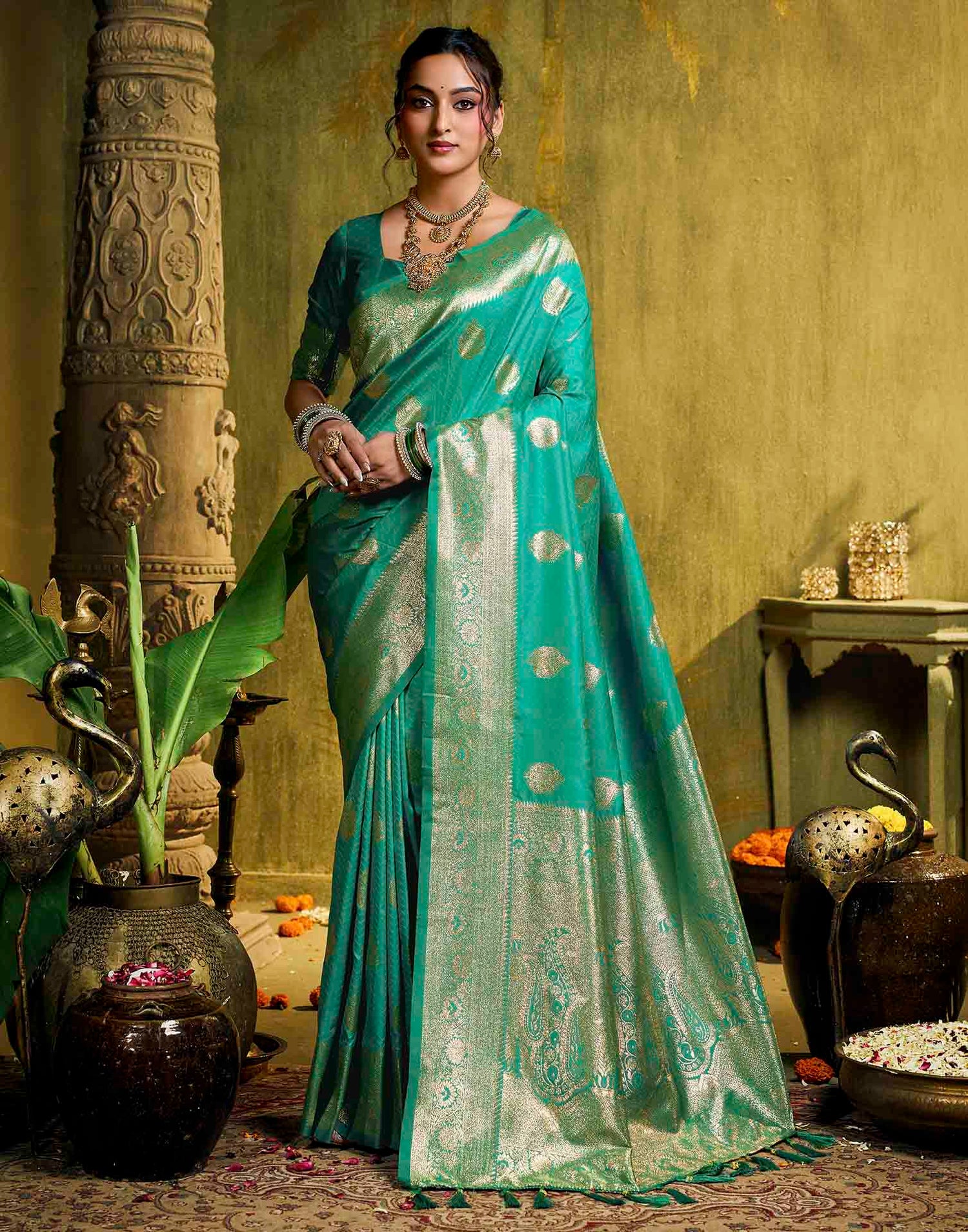 Rama Blue Silk Woven Banarasi Saree