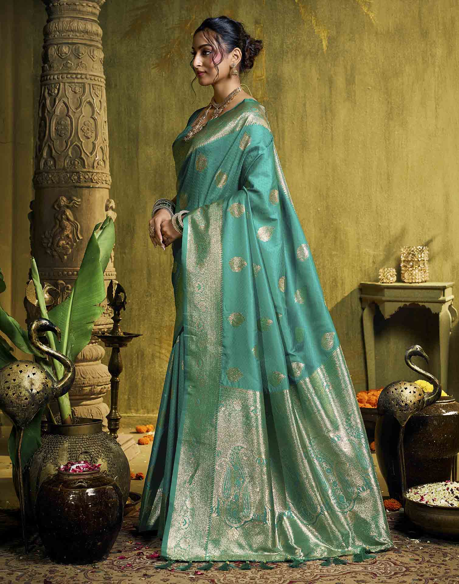 Rama Blue Silk Woven Banarasi Saree