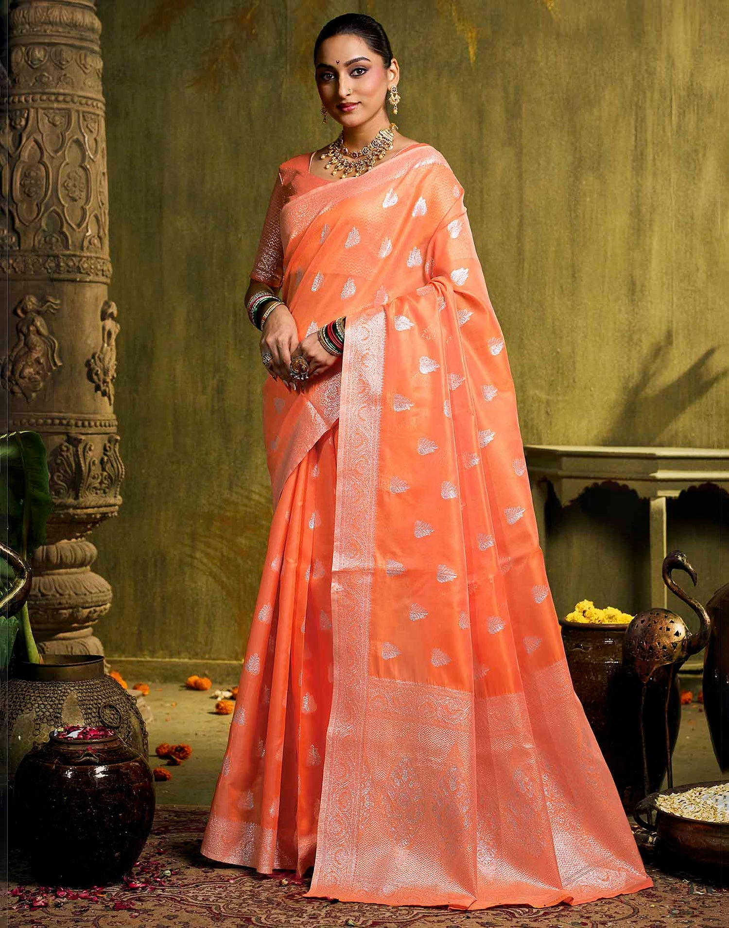 Orange Silk Woven Banarasi Saree