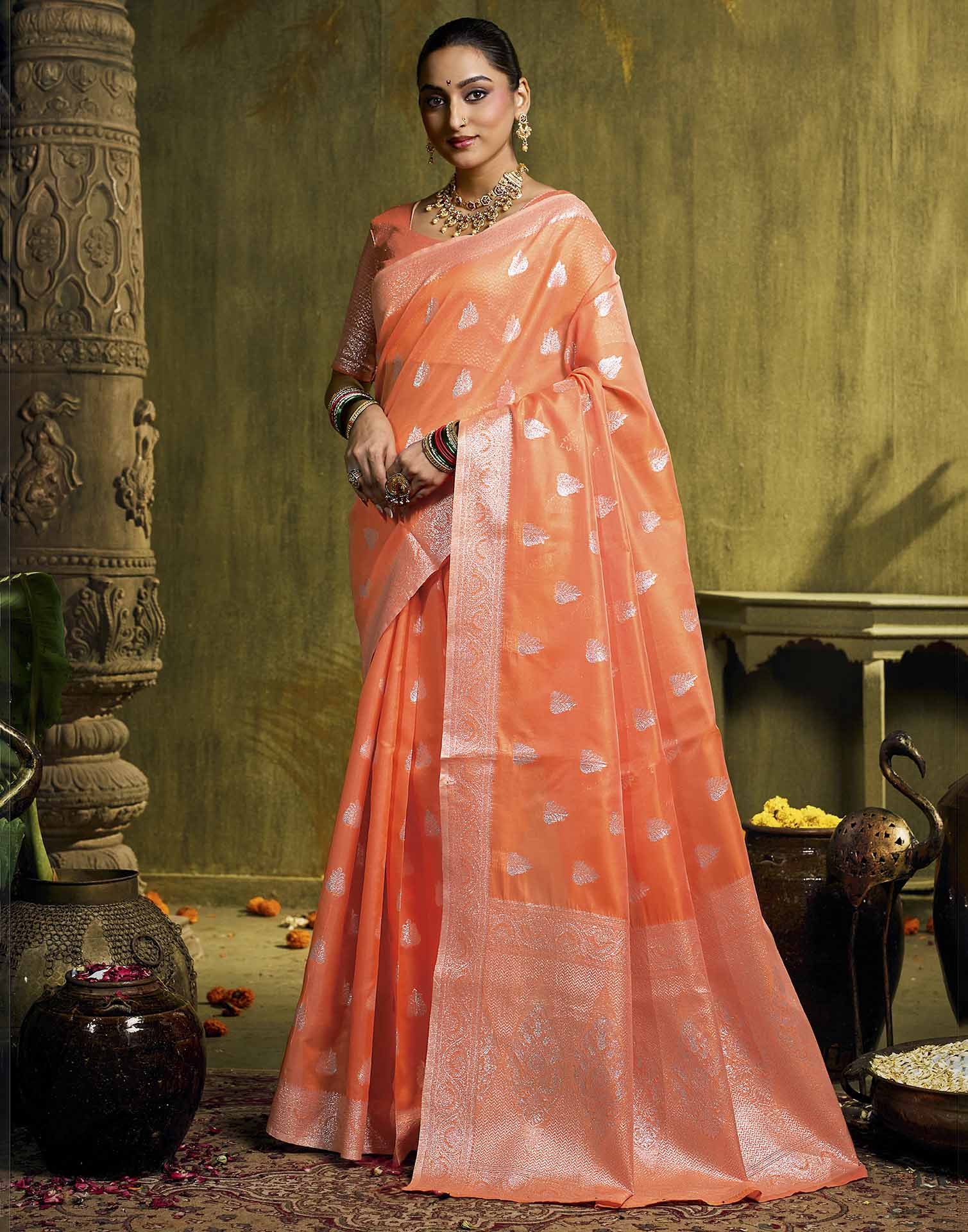 Orange Silk Woven Banarasi Saree