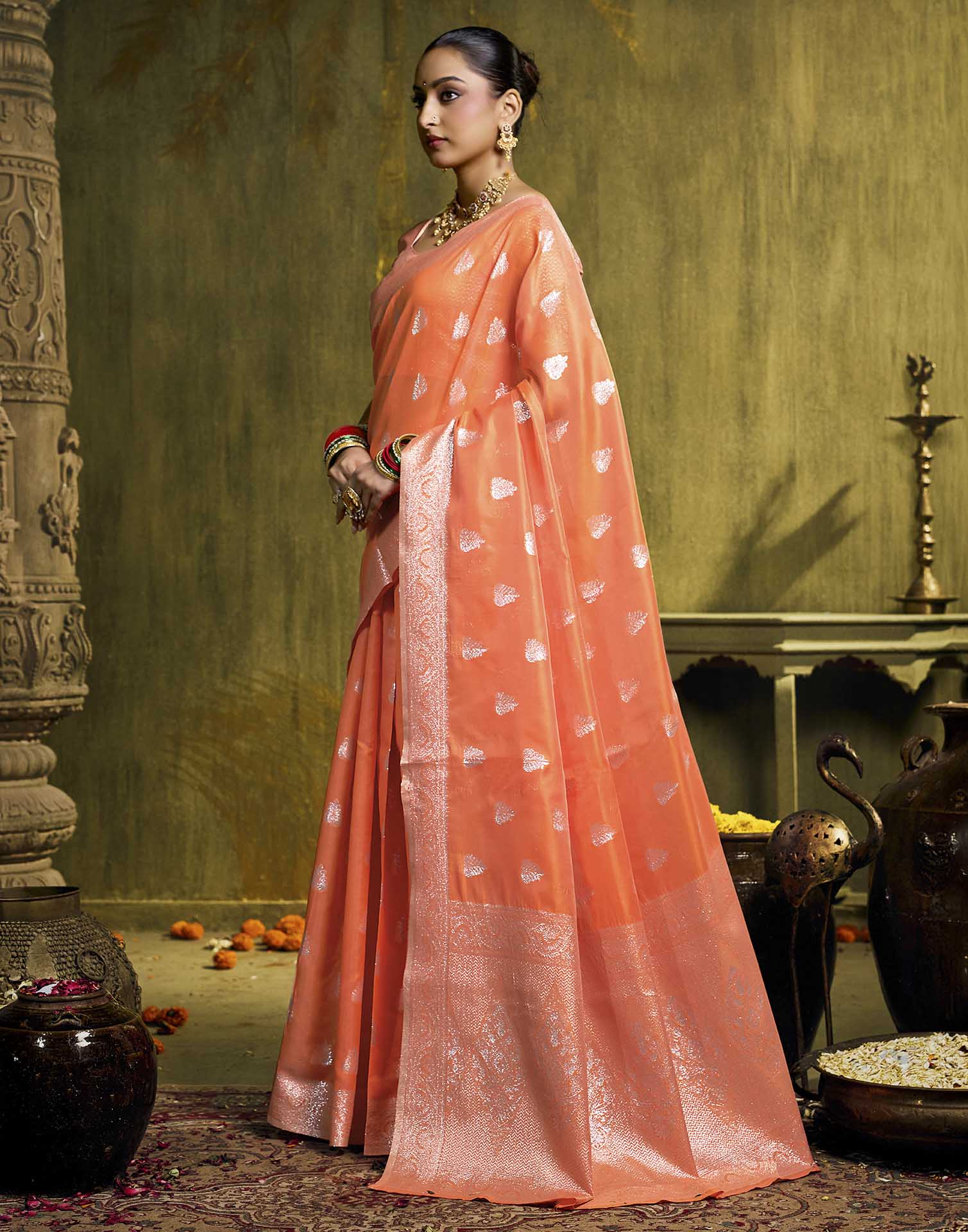 Orange Silk Woven Banarasi Saree