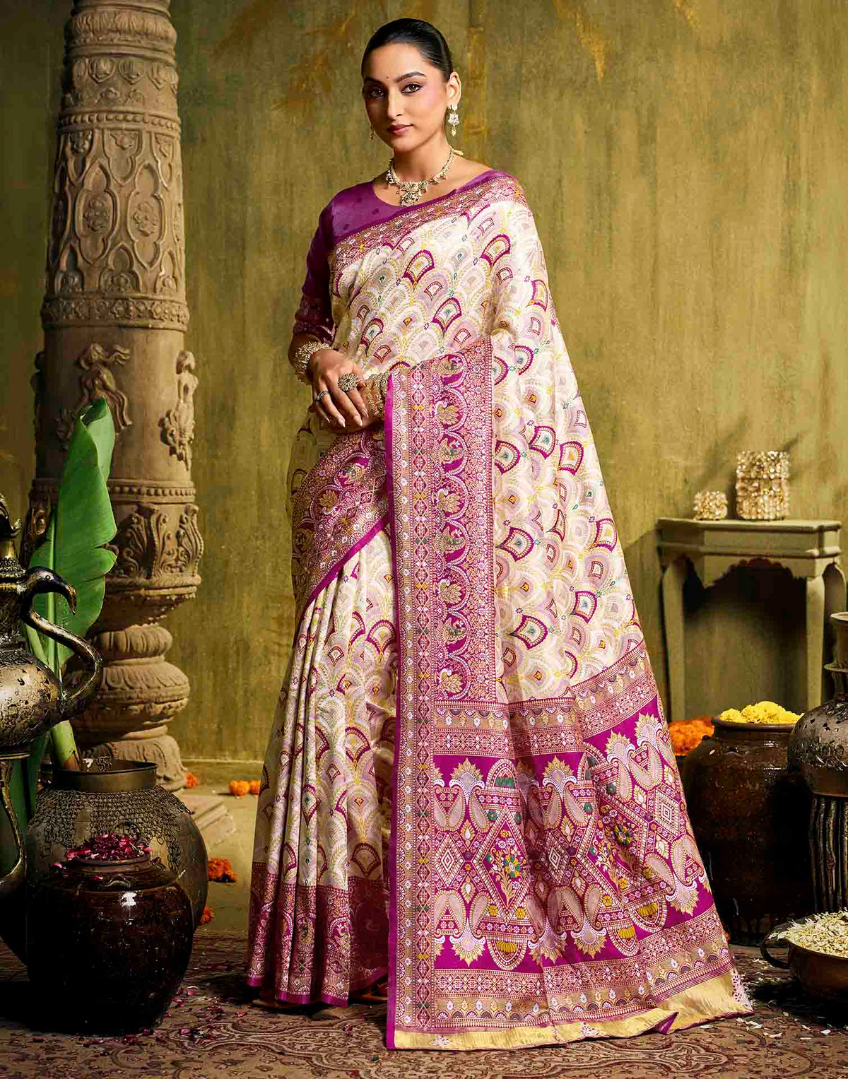 Off White Silk Woven Patola Saree