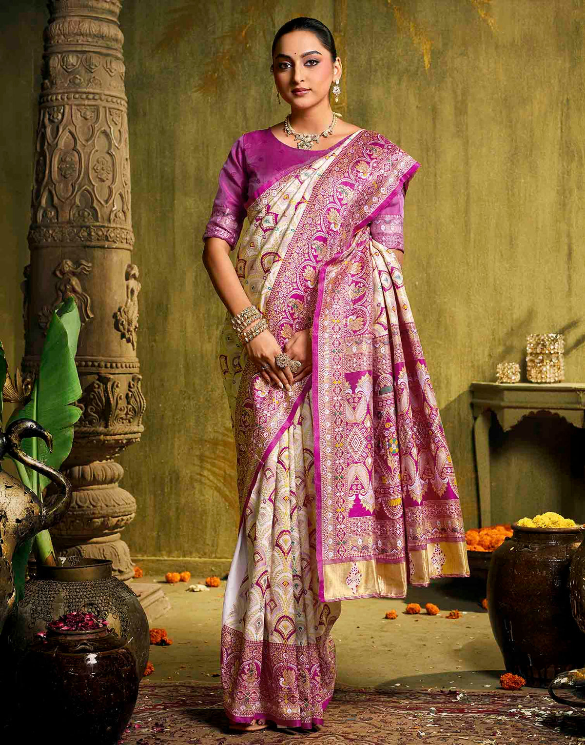 Off White Silk Woven Patola Saree