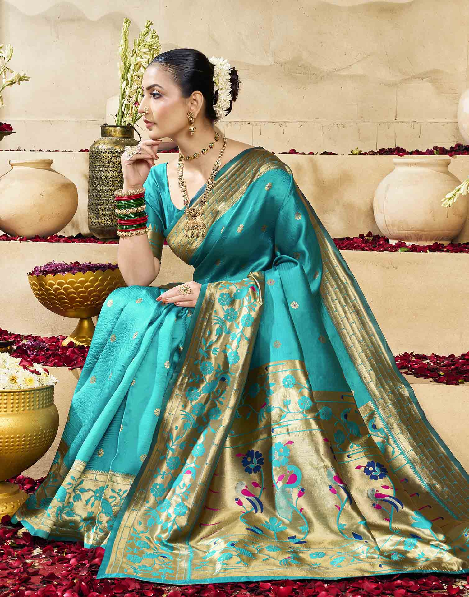 Sky Blue Silk Woven Paithani Saree