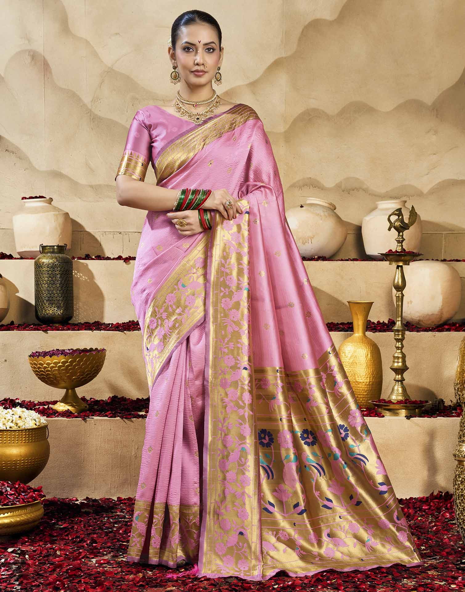 Baby Pink Silk Woven Paithani Saree