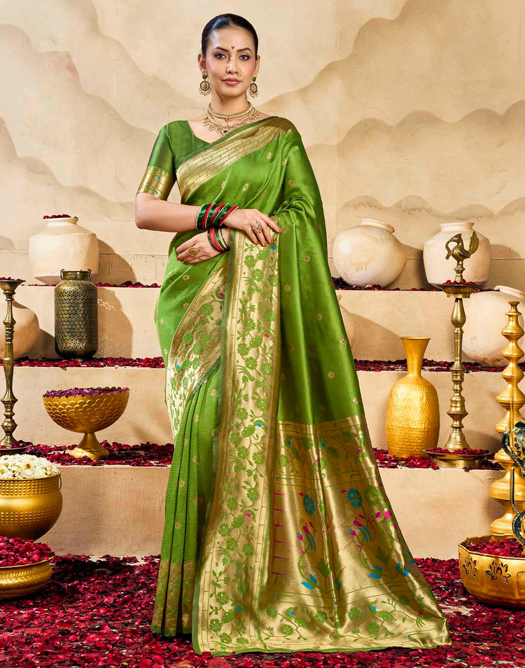 Parrot Green Silk Woven Paithani Saree