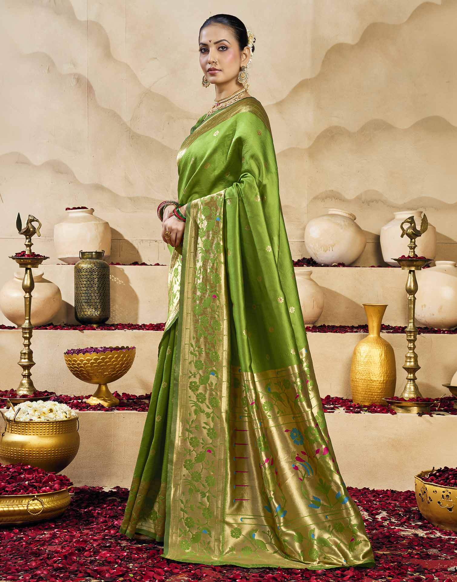 Parrot Green Silk Woven Paithani Saree