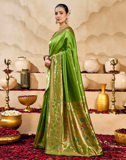 Parrot Green Silk Woven Paithani Saree