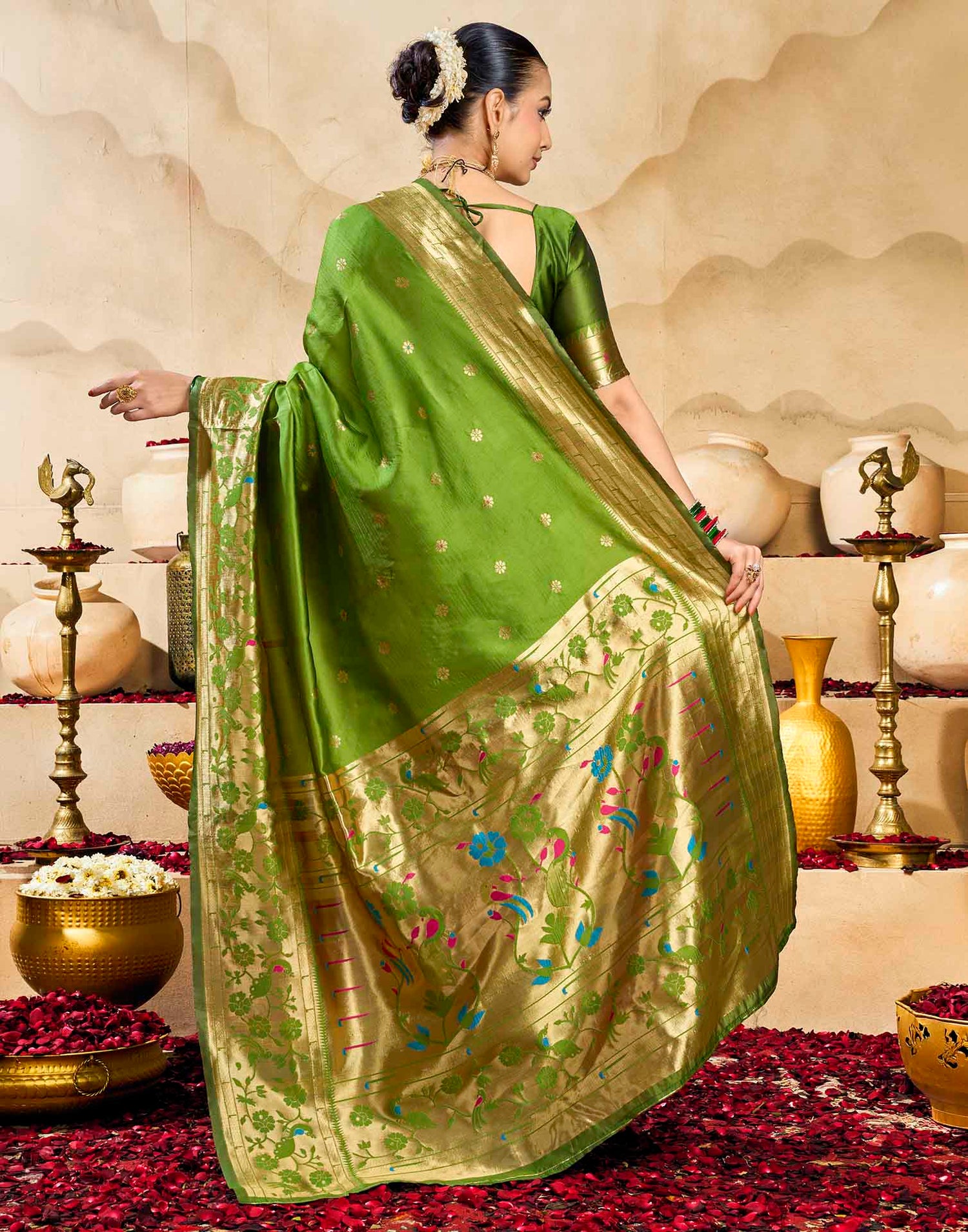 Parrot Green Silk Woven Paithani Saree