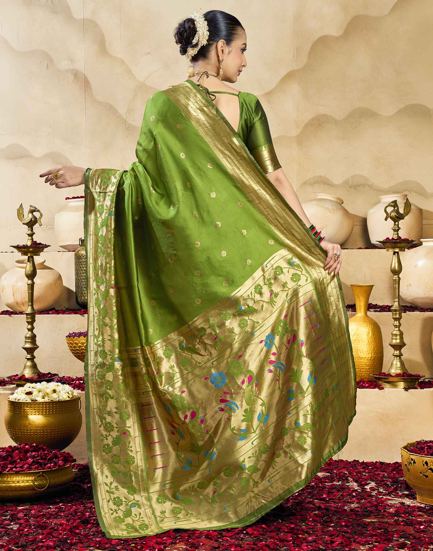 Parrot Green Silk Woven Paithani Saree