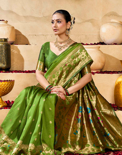 Parrot Green Silk Woven Paithani Saree